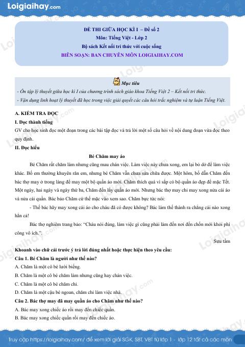 Đề thi giữa học kì 1 Tiếng Việt 2 - Đề số 2